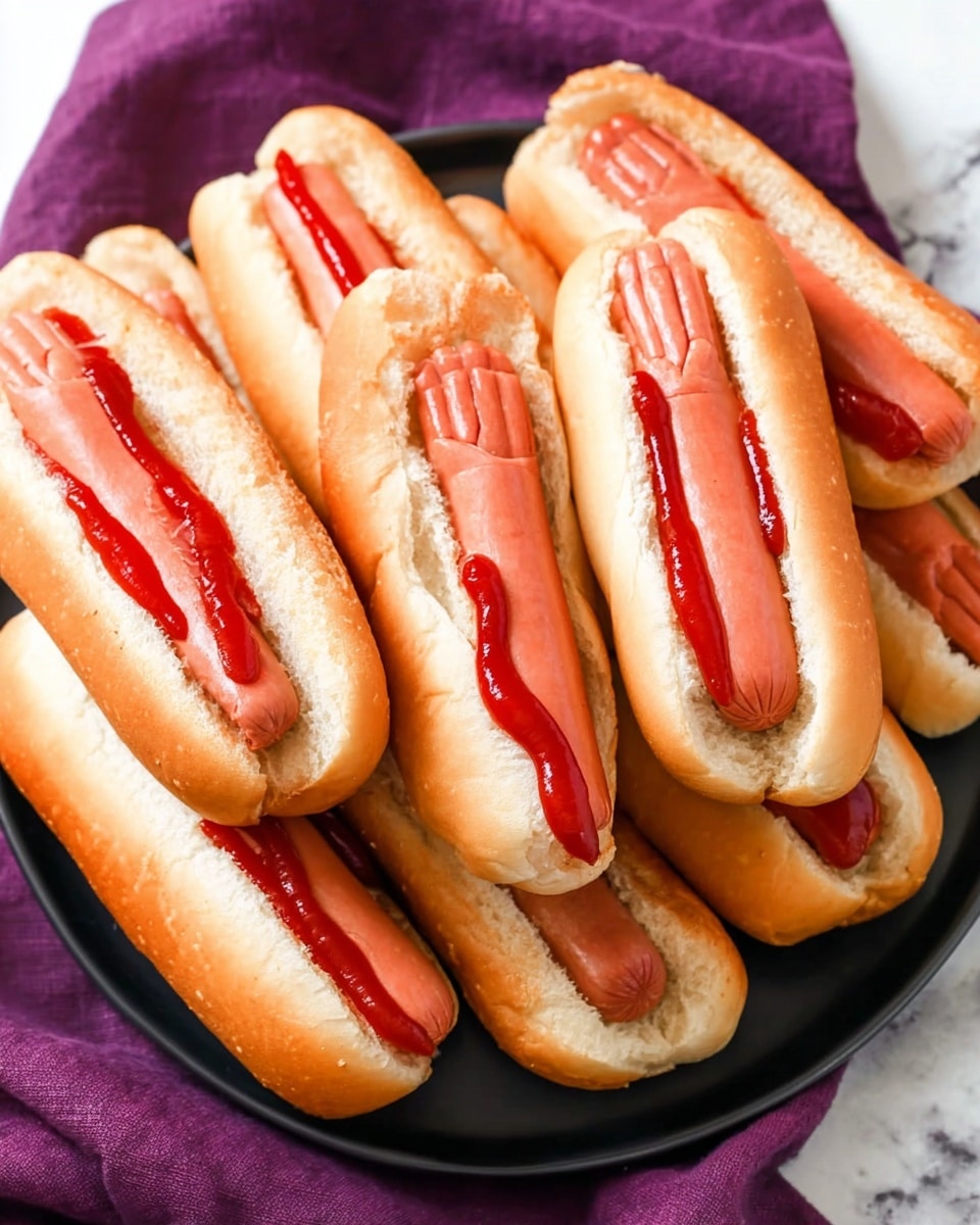 A black round dish filled with nine hot dogs, each having a reddish-brown sausage inside a white bread bun with ketchup visible under the sausage. The dish sits on an orange cloth with a white marbled surface underneath. In the background, to the left, there are several plain sausages stacked together on the white marbled surface, and to the right, there is a pile of plain white bread buns. The overall scene is bright and clean. photo taken with an iphone --ar 4:5 --v 7
