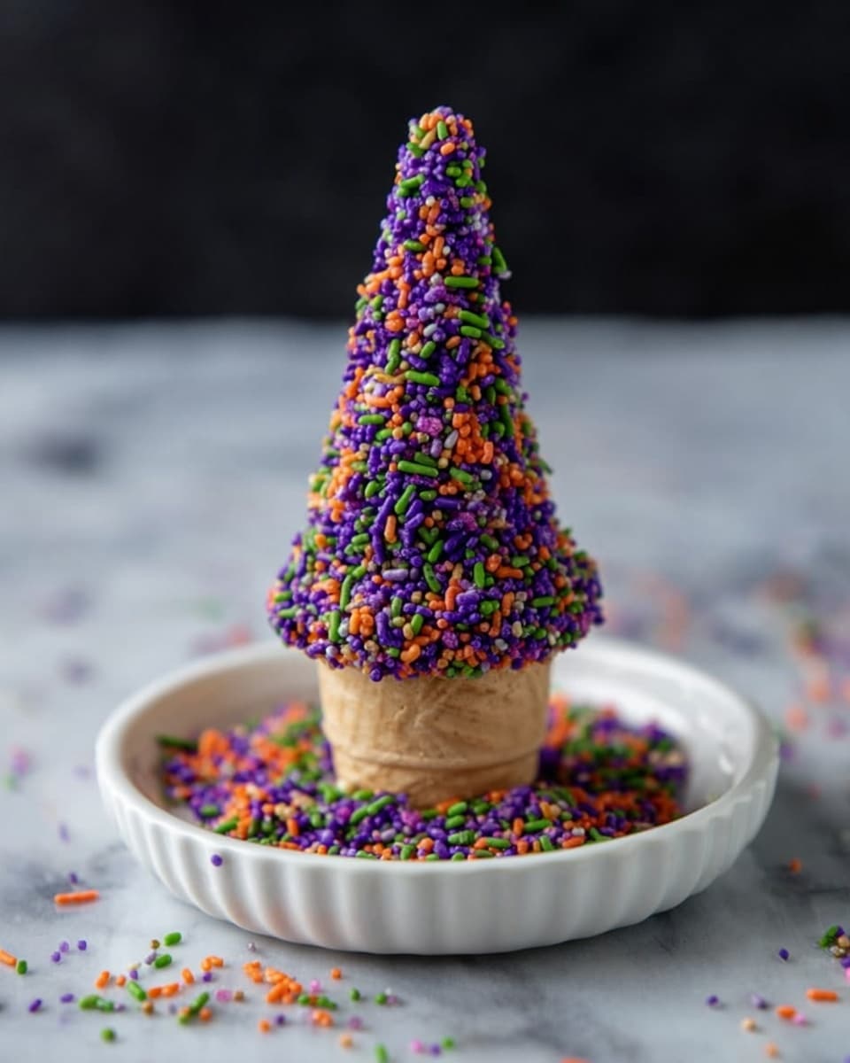 The image shows a tall cone-shaped treat made of black chocolate, decorated with small yellow star sprinkles and larger yellow star-shaped candies scattered all over. There are purple rod-shaped sprinkles also placed around the cone. At the base, a thick green sugar-coated ring wraps the cone, giving the look of grass. A small black candy cat with bright yellow eyes sits at the front base of the cone. The treat is placed on a white marbled surface, with a soft dark background and blurred similar cones decorated with different colors. photo taken with an iphone --ar 4:5 --v 7