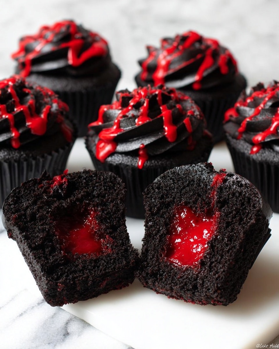 The image shows six dark black cupcakes with a smooth texture, each topped with black frosting that has a swirl pattern. Bright red icing is drizzled over the top of the frosting. Two cupcakes in the front are cut in half, revealing a bright red filling inside the soft and moist black cake. All the cupcakes are placed on a white plate with a white marbled surface underneath. photo taken with an iphone --ar 4:5 --v 7