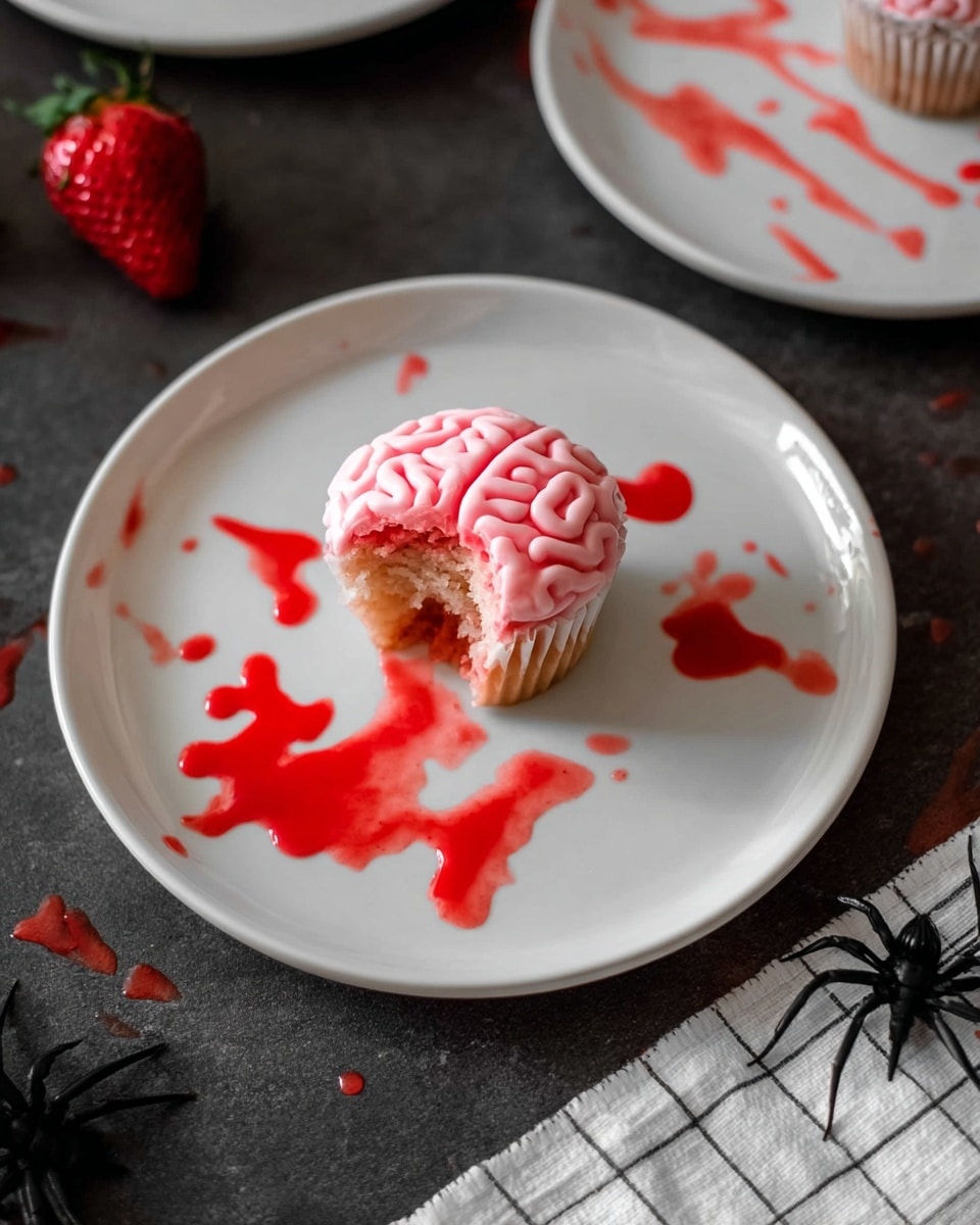 A small cupcake shaped like a brain sits on a white plate with a large bite taken out of it, showing the soft inside. The cupcake has light pink icing piped in a swirling pattern to look like brain folds. Bright red syrup is splattered and pooled around the cupcake on the plate, creating a dripping effect. There is a whole strawberry beside the plate and two more cupcakes with pink icing in the background on a white plate. The surface is a dark color with a white marbled texture visible at the bottom right corner. A black plastic spider lies near a checked cloth napkin. Photo taken with an iphone --ar 4:5 --v 7