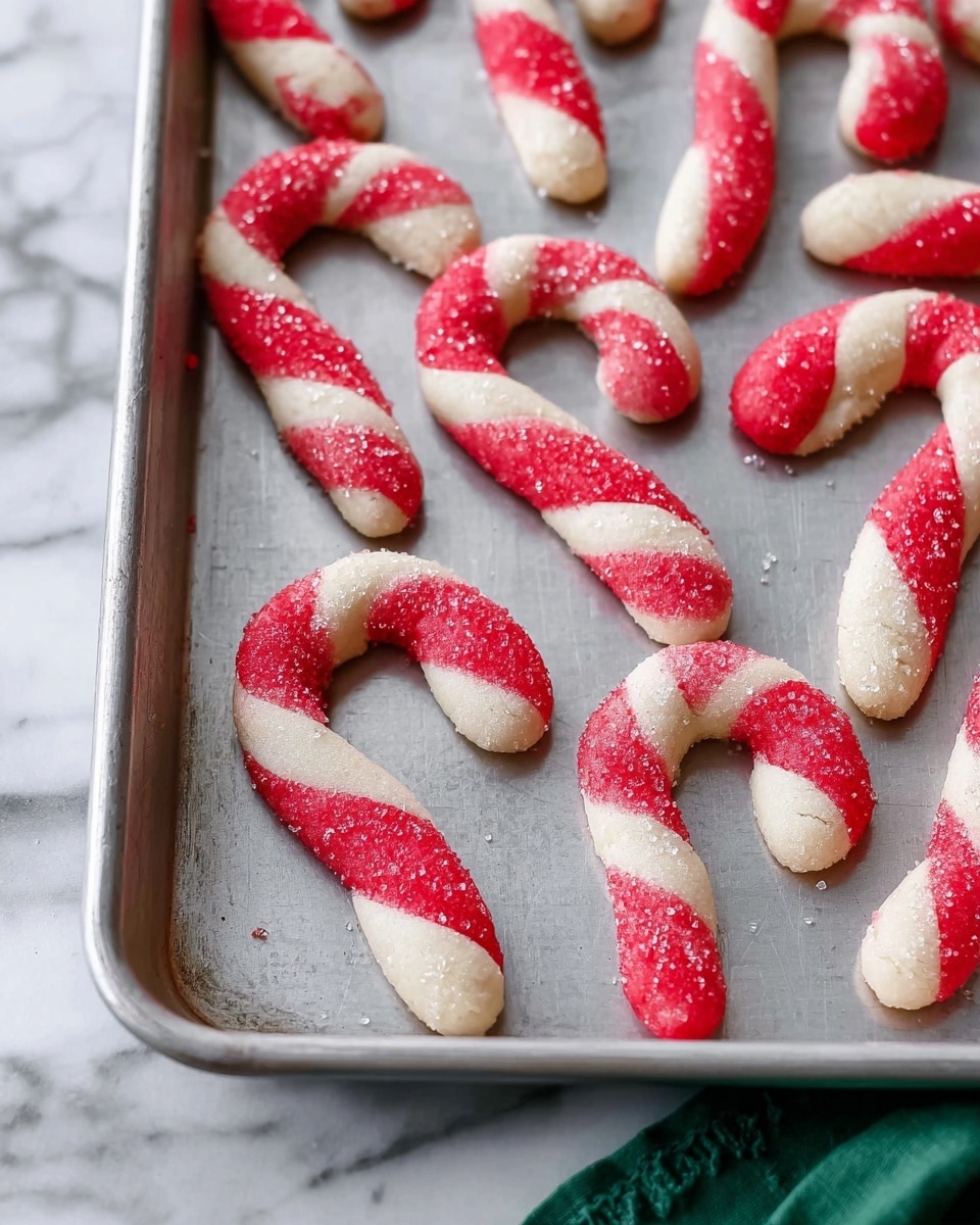 The image shows a metal baking tray with multiple candy cane shaped cookies on it. Each cookie has two twisted stripes, one bright red and one creamy white, creating a classic candy cane look. The cookies have a slightly shiny surface with some coarse sugar sprinkled on top, adding texture and sparkle. The tray is on a white marbled surface with a hint of a green cloth on the right side. Photo taken with an iphone --ar 4:5 --v 7