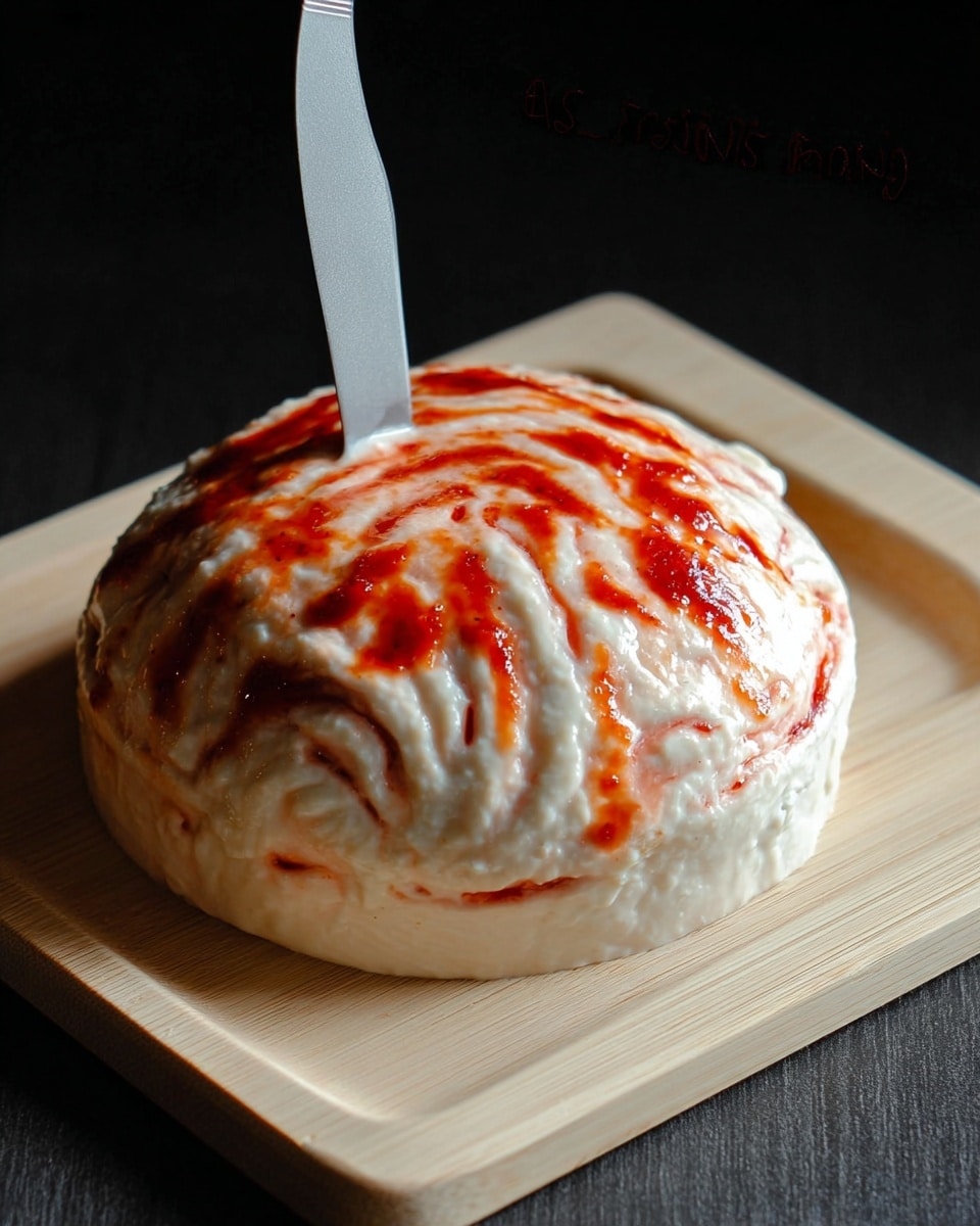 The image shows a dome-shaped dish with a textured white surface and swirls of bright red sauce on top, giving it a slightly marbled look. The dish has a smooth, glossy layer that looks creamy and a bit lumpy, covering the whole dome. A metal knife is inserted into the center at an angle, standing upright. The dish is placed on a light wooden board with a simple grain pattern. The background is dark, making the dish and the board stand out clearly. photo taken with an iphone --ar 4:5 --v 7