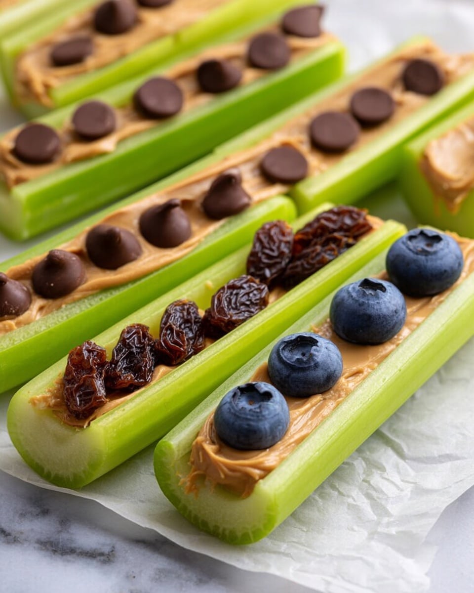 The image shows several pieces of bright green celery cut into sticks, each filled with a smooth layer of light brown peanut butter spread evenly on top. On the peanut butter, different toppings are placed: some celery sticks have round, dark brown chocolate chips lined up, others have wrinkled, dark brown raisins scattered neatly, and one stick has three plump, fresh blue blueberries on top. The celery sticks are laid on white parchment paper over a white marbled surface, giving a fresh and clean look. photo taken with an iphone --ar 4:5 --v 7