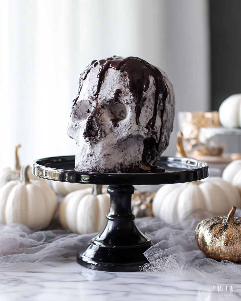 A skull-shaped cake sits on a black cake stand with a glossy finish and a single thick stem in the middle. The cake is covered in a rough-textured light gray frosting with darker gray patches that give it a stone-like look, mimicking a real skull. Dark chocolate drips loosely run down from the top of the skull, flowing over eye sockets and cheekbones, adding a shiny contrast to the matte frosting. The cake stand is placed on a white marbled surface, surrounded by white and gold decorative pumpkins and a sheer fabric beneath, enhancing the spooky Halloween theme. Photo taken with an iphone --ar 4:5 --v 7