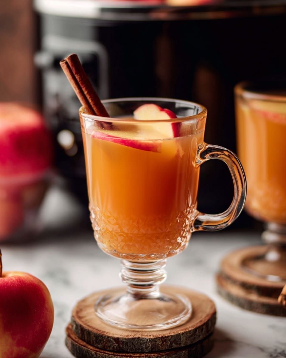 The image shows a clear glass mug filled with warm orange-colored apple cider. The cider has a thin slice of red apple floating on top along with a cinnamon stick partially dipped inside. The glass has a textured pattern and a clear handle on the right side. The mug is placed on two stacked rustic wooden coasters. In the background, there are blurred red apples and a black slow cooker on a white marbled surface. The lighting is warm, highlighting the cozy feel of the drink. Photo taken with an iphone --ar 4:5 --v 7