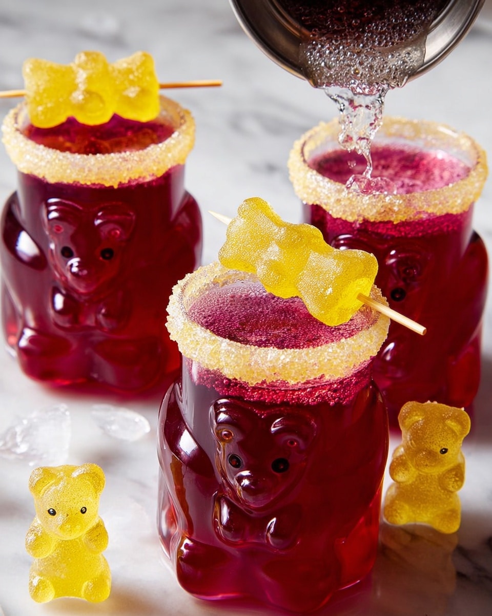 A deep red drink fills a clear bear-shaped glass, with detailed facial features and arms molded in the glass. The glass rim is coated with crushed ice or sugar, adding texture and color contrast. A shiny golden straw sticks out from the top of the glass, leaning slightly to the right. At the base, three yellow gummy bears are pierced on a thin metal stick, placed horizontally in front of the glass. Scattered ice cubes surround the bottom area on a white marbled surface. To the right, there is a small open yellow jar with more ice cubes next to it. The whole scene is bright and clean, with strong natural light casting soft shadows. Photo taken with an iphone --ar 4:5 --v 7