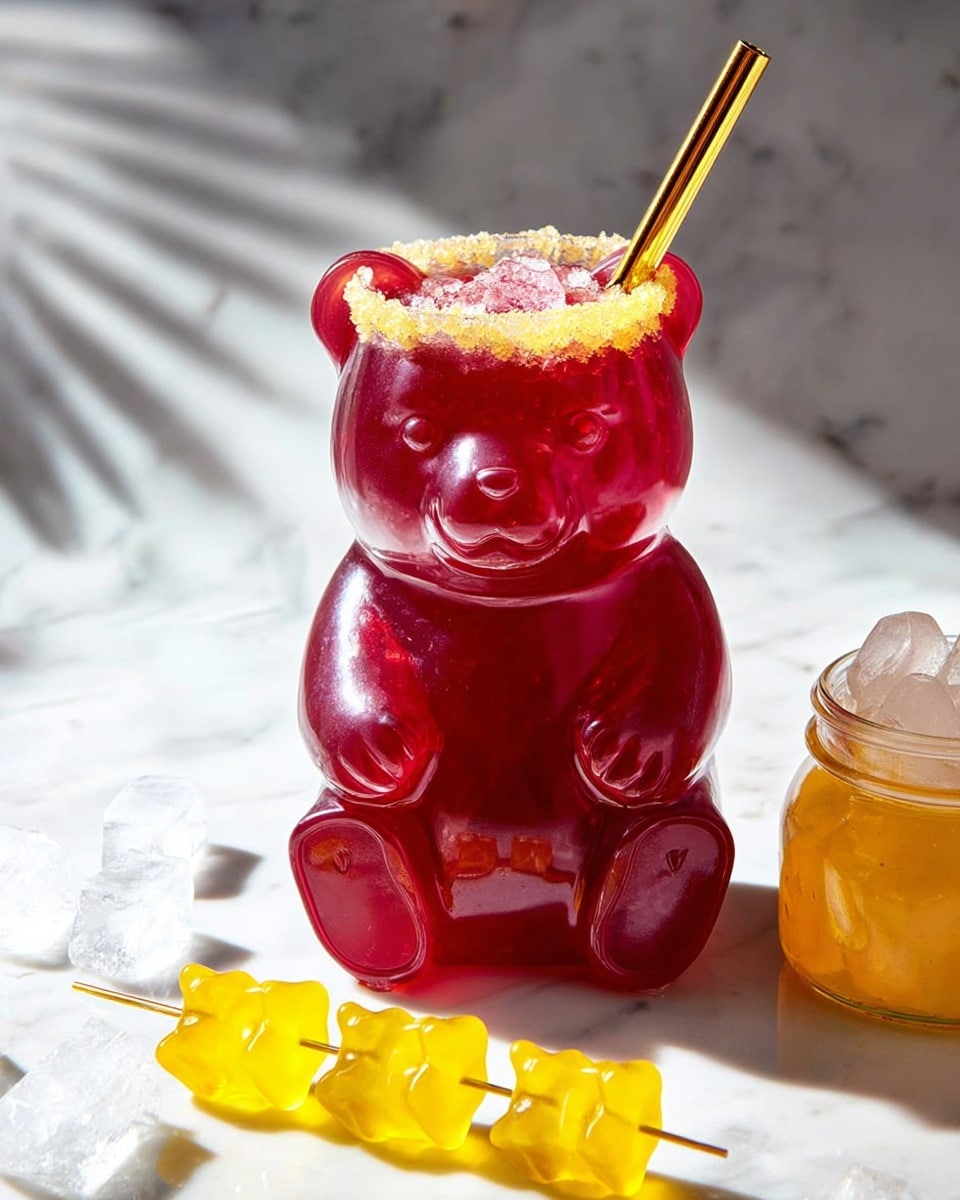 Three clear gummy bear-shaped glasses filled with a deep red drink sit on a white marbled surface with scattered ice cubes. Each glass has a rim coated with a light yellow sugary substance, giving a rough texture at the top. One glass is topped with a skewer holding three small yellow gummy bears, placed horizontally. The first bear glass is plain, the middle one has the gummy bear skewer on top, and the third bear glass is in the process of being filled with a fizzy clear liquid from a can, causing bubbles to rise inside the drink. Two small yellow gummy bears are placed near the base of the glasses. The overall scene is bright and clean, with the smooth shiny texture of the gummy bear glasses contrasting with the rough sugar rims. photo taken with an iphone --ar 4:5 --v 7