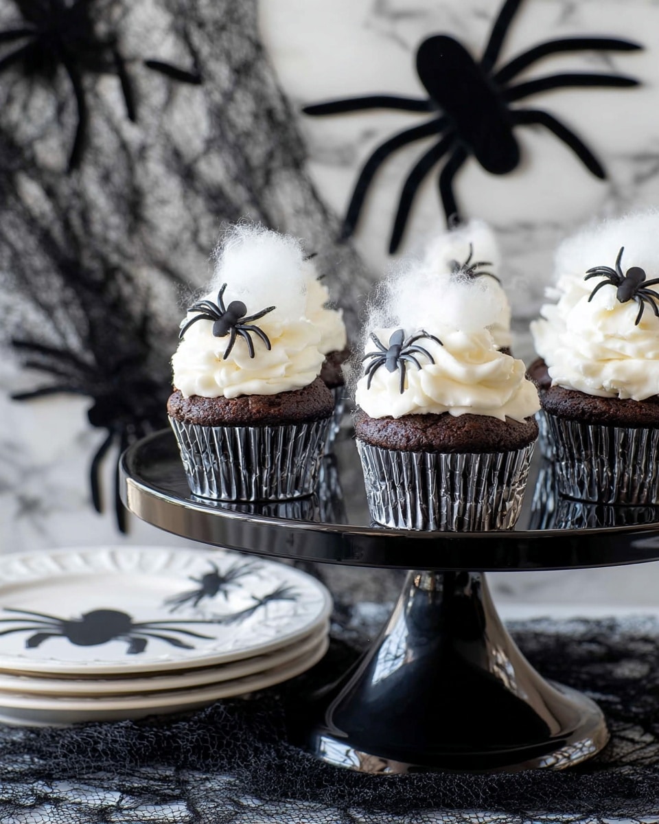 There are several chocolate cupcakes on a shiny black cake stand. Each cupcake has a dark brown base wrapped in silver foil. On top, there is a thick swirl of white frosting, with fluffy white cotton candy placed on the frosting to look like spider webs. Small black plastic spiders are placed on the cotton candy for decoration. The background shows large black spider decorations and black mesh fabric, all on a white marbled surface. A stack of white plates with spider designs is visible next to the stand. photo taken with an iphone --ar 4:5 --v 7