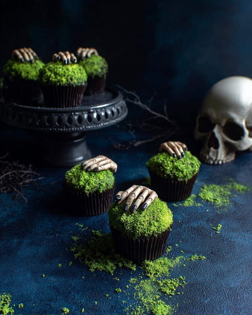 There are six black cupcake liners each holding a cupcake with a bright green crumb topping that looks like moss. On top of five of the cupcakes, there is a realistic, dark gray finger decoration placed diagonally. One cupcake without the finger is in the center near the top. At the left, there is a white bowl with more of the dark gray finger decorations inside. The cupcakes are on a dark blue surface with some green crumbs scattered around. photo taken with an iphone --ar 4:5 --v 7