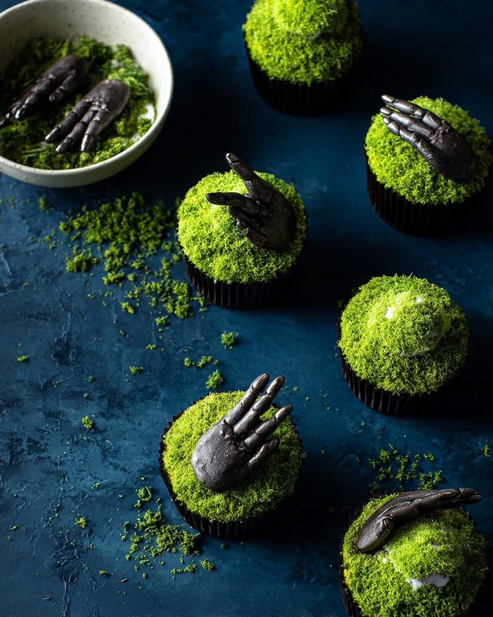 There are six black cupcake liners holding cupcakes topped with bright green crumbs that look like moss, each cupcake having a small creepy finger decoration on top. The cupcakes are arranged on a dark surface with green crumbs scattered around them. One white bowl on the side is filled with more creepy finger decorations. The background is dark, making the green crumb topping and the finger decorations stand out clearly. photo taken with an iphone --ar 4:5 --v 7