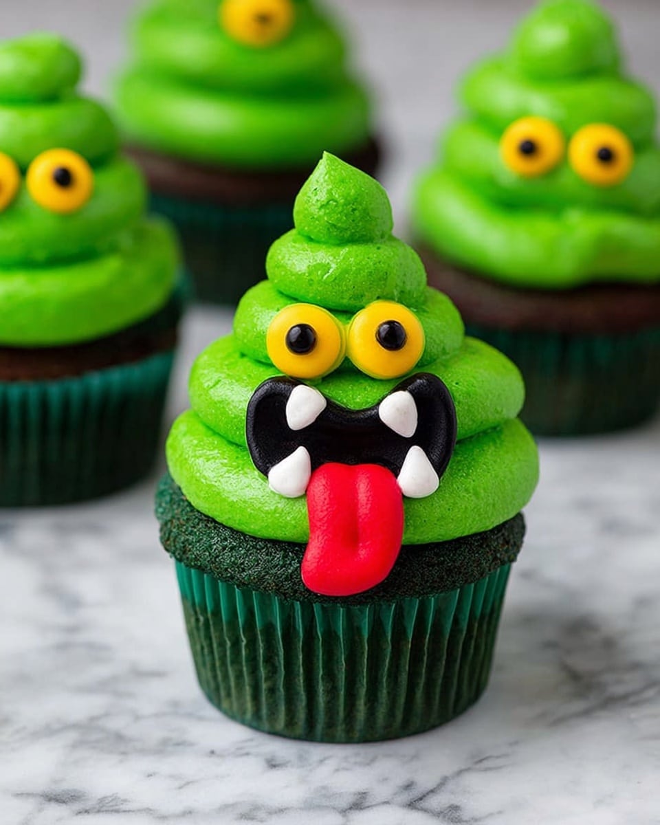 Three green cupcakes sit side by side on a white marbled surface. Each cupcake has a green paper liner and is topped with a swirl of bright green frosting shaped like a small mound. At the front of each frosting swirl is a playful face made with candy, including two yellow and black eyes placed on top, a wide black mouth with white teeth inside, and a red tongue sticking out. The cupcakes are evenly spaced and show a fun, cartoon-like look. photo taken with an iphone --ar 4:5 --v 7