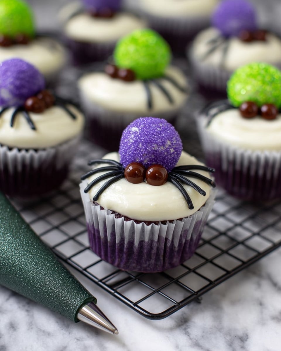 The image shows small cupcakes in white paper cups with dark purple bases, each topped with a layer of smooth white frosting. On top of the frosting, there is a round candy coated in either purple or bright green sugar crystals. Below this candy, a small dark brown candy ball is placed, with thin black licorice strands around it, resembling spider legs. The cupcakes sit on a black grid rack, placed on a white marbled surface. A dark green textured piping bag with a metal tip lies next to one cupcake in the foreground. Photo taken with an iphone --ar 4:5 --v 7