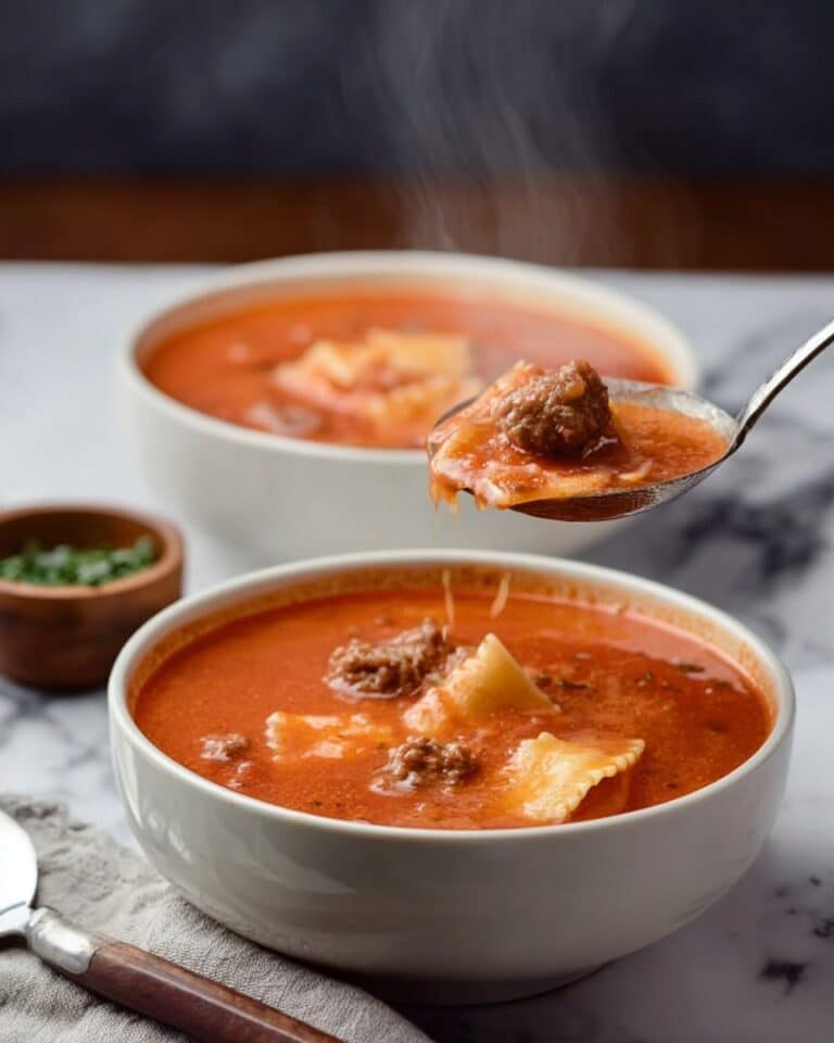 Ravioli Soup with Meat, Cheeses, and Tomato Broth Recipe