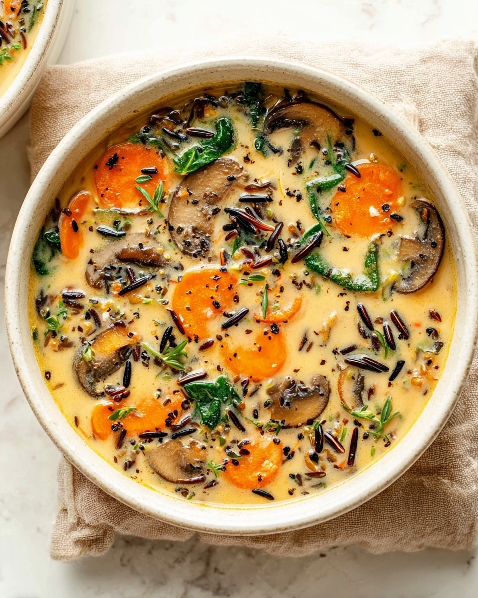 A white bowl filled with creamy soup that has several layers of ingredients visible on the surface: bright orange carrot slices, dark brown mushroom slices, green spinach leaves, bits of celery, and black wild rice grains scattered throughout. The soup is light yellow with specks of black pepper on top. A silver spoon is resting in the bowl. The bowl sits on a light beige cloth over a white marbled surface. Photo taken with an iphone --ar 4:5 --v 7