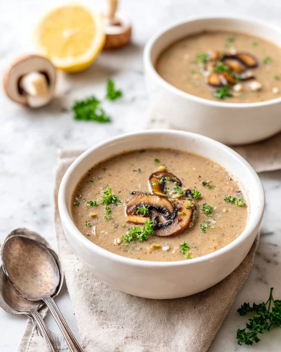 A close-up view of a pot filled with smooth, creamy light beige sauce mixed with small slices of dark brown mushrooms. A wooden spoon with a rounded handle is dipped in the sauce, lifting some of the sauce and mushrooms, showing its thick and silky texture. The pot is dark-colored with a shiny rim. The background is softly blurred, suggesting a kitchen setting with a white marbled texture beneath the pot. photo taken with an iphone --ar 4:5 --v 7