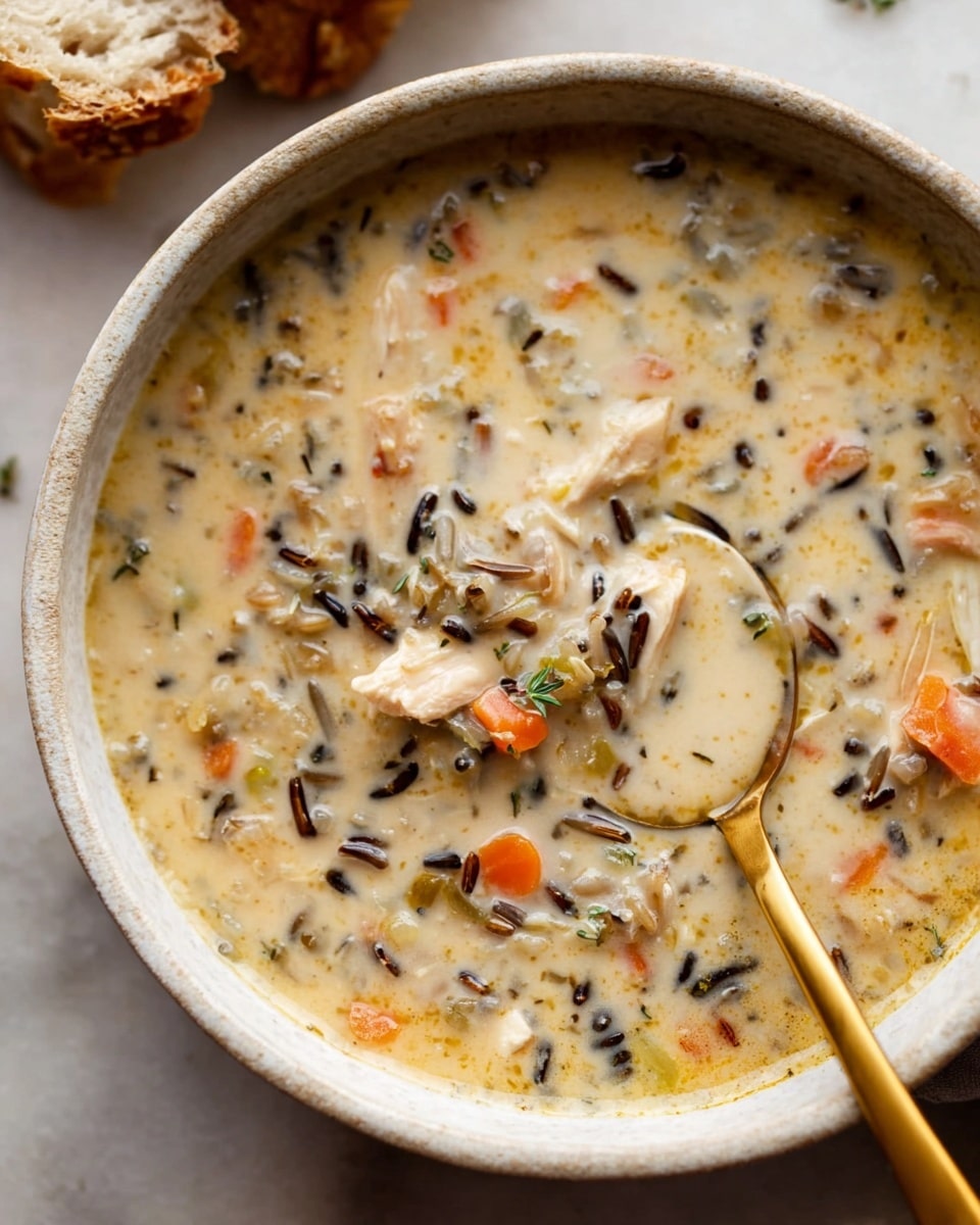 A white slow cooker filled with a thick, creamy mixture that contains small bits of dark wild rice, light brown pieces that look like diced mushrooms or chicken, and tiny orange carrot bits spread evenly throughout. A white ladle with a wooden handle is partially dipped in the slow cooker, lifting some of the creamy mixture. The slow cooker sits on a white marbled surface with a soft, natural light illuminating the scene from above. photo taken with an iphone --ar 4:5 --v 7
