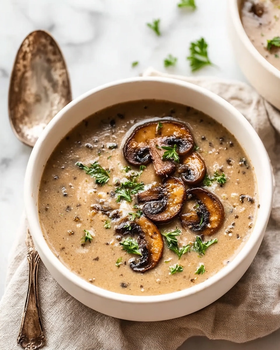 A white bowl filled with light brown creamy mushroom soup showing a smooth texture with small chunks. On the top, there are several browned mushroom slices and some green herbs sprinkled around. A brass-colored spoon is partially dipped in the soup, lifting some of the mushrooms. The bowl is placed on a white marbled surface. photo taken with an iphone --ar 4:5 --v 7