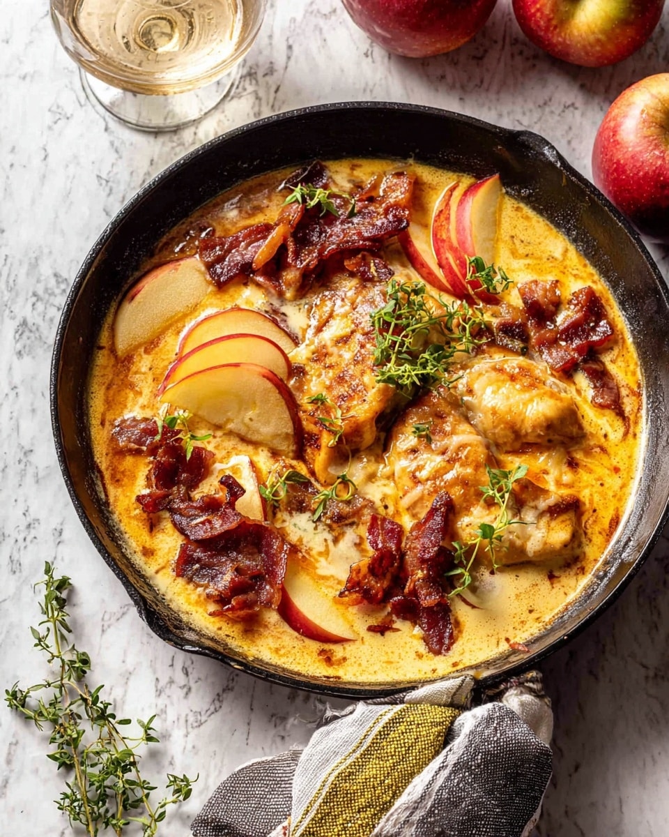A cast iron pan filled with cooked chicken thighs covered in a thick, light brown sauce with a shiny texture. The chicken pieces are topped with golden melted cheese and scattered with crispy, dark red-brown bacon strips. There are sliced apple wedges peeking from under the chicken, pale yellow with red skin edges. Fresh green thyme leaves are placed on top for garnish. A silver spoon rests on the side of the pan, and around the pan on a white marbled surface are two red apples and a beige cloth with yellow stripes. photo taken with an iphone --ar 4:5 --v 7