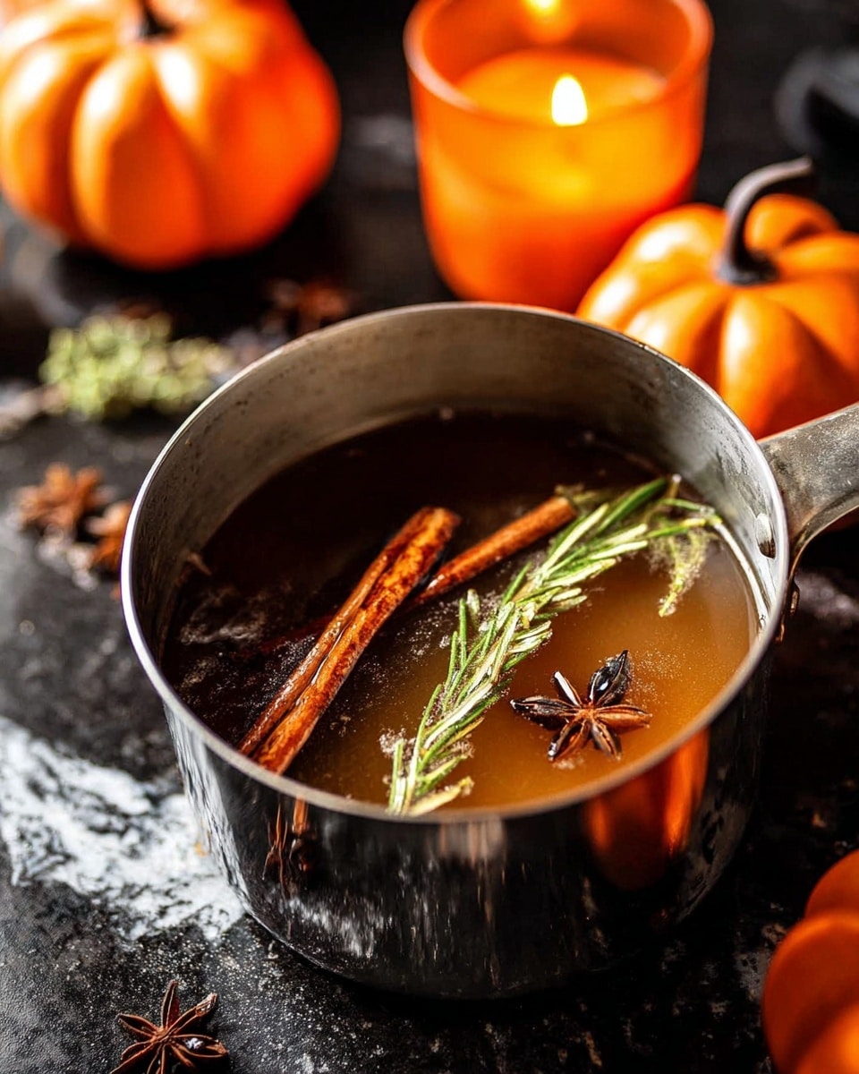 A metal pot sits on a dark surface with a white marbled texture, filled with a warm brown liquid. In the liquid, there are two long dark brown cinnamon sticks, a star anise, and some green rosemary sprigs floating on top. The scene includes two small orange pumpkin-shaped candles, one lit and glowing warmly, giving a cozy autumn feeling in the background. There is also a larger orange candle visible, softly blurred, adding to the warm light around the pot. photo taken with an iphone --ar 4:5 --v 7