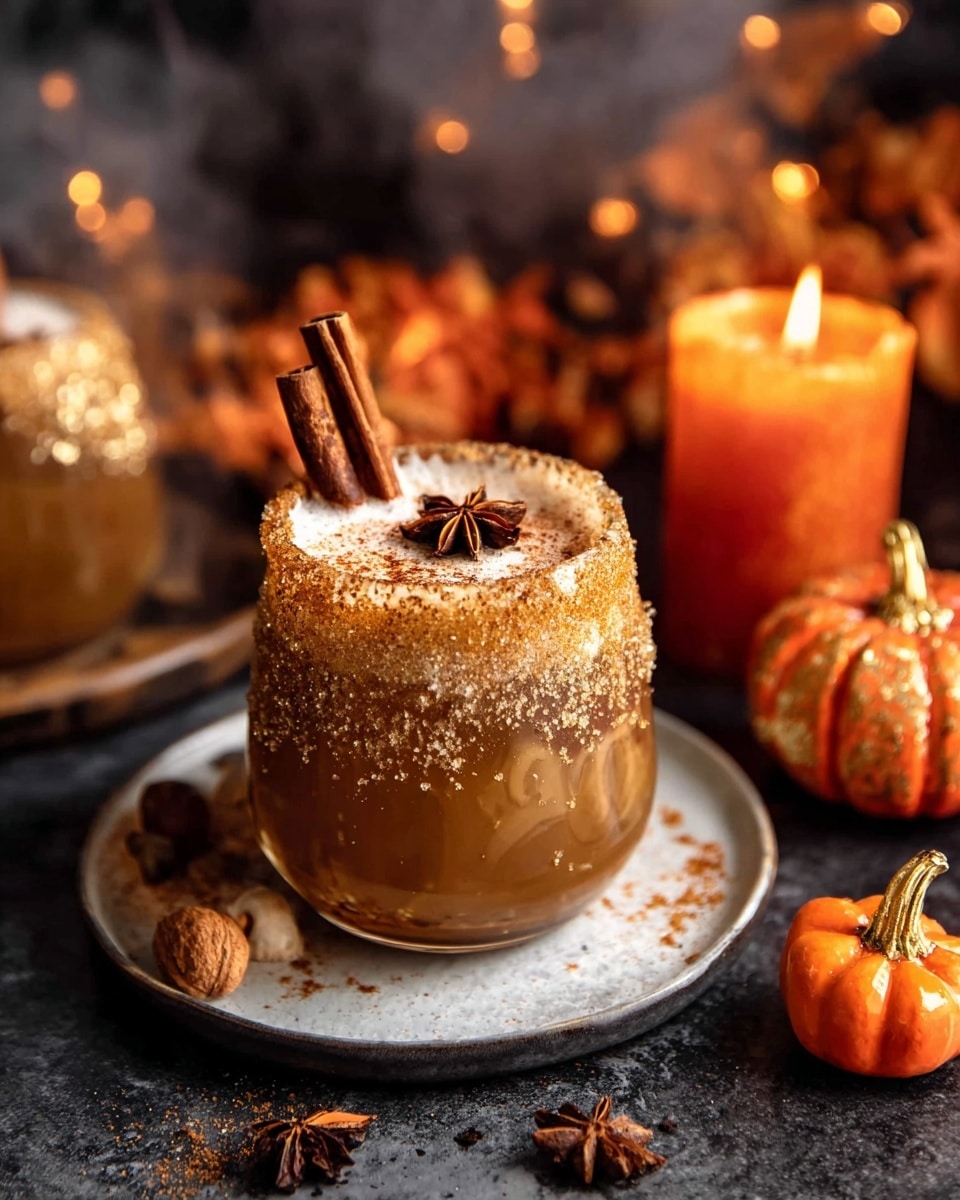 The image shows a round glass bottle of amber-colored bourbon whiskey with a beige label wrapped around its middle, placed on a dark textured surface. Around the bottle are several small pumpkins and gourds in shades of orange, peach, and brown that have a natural, slightly wrinkled texture. To the right, there is a lit rustic amber candle, and in the background, two golden glittery pumpkins add a shiny festive touch. Some star anise pods and scattered spices with a golden powder are sprinkled in front of the bottle. The whole scene is cozy and warm with autumn colors, set against a white marbled texture. photo taken with an iphone --ar 4:5 --v 7