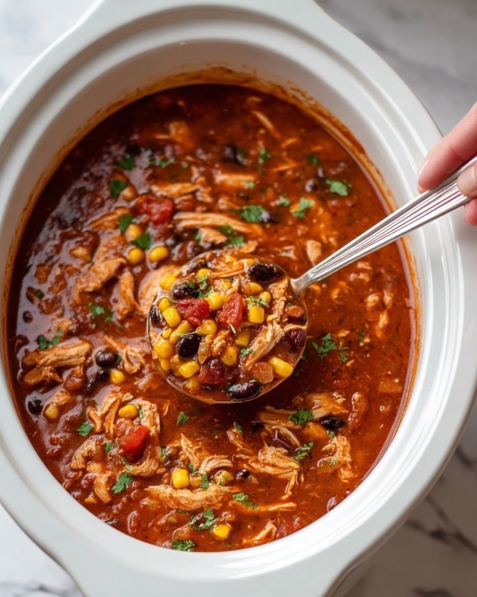 A bowl of thick, reddish-orange soup filled with black beans, chunks of cooked chicken, corn, and diced tomatoes is placed on a white marbled surface. The soup has a dollop of white sour cream in the center, topped with a small green cilantro leaf. A wooden spoon rests inside the bowl, partially submerged in the soup and holding a piece of chicken and some beans. Nearby, there are sides on white plates and bowls: fresh green cilantro leaves, white sour cream, and triangular light beige tortilla chips. A green and white striped cloth is partially visible at the bottom left corner. photo taken with an iphone --ar 4:5 --v 7