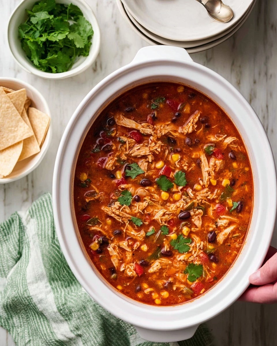 A white slow cooker filled with a thick, reddish-orange soup that has visible shredded chicken, black beans, corn, and diced red and green peppers mixed in. Small green cilantro leaves are scattered on top of the soup. Beside the slow cooker, there is a white marbled surface with a small white bowl filled with green cilantro leaves, a silver spoon resting on stacked white bowls, and some folded light brown tortilla chips nearby. A woman's hand is holding the slow cooker handle on the right side, and a green and white striped cloth is partially visible underneath. Photo taken with an iphone --ar 4:5 --v 7