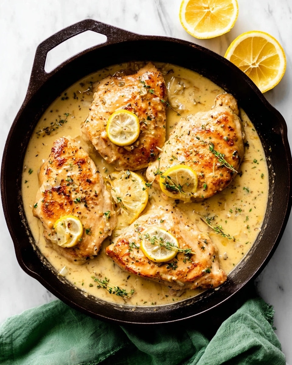 A black cast iron skillet holds four cooked chicken pieces in a creamy light yellow sauce with small bits of herbs and garlic visible throughout. Each chicken piece is golden brown with a slight shine and is topped with small green herb sprigs and thin lemon slices. The skillet is placed on a white marbled surface with three lemon slices partially visible at the top right, and a bright green cloth is underneath the skillet on the lower left side. The scene looks bright and fresh. Photo taken with an iphone --ar 4:5 --v 7