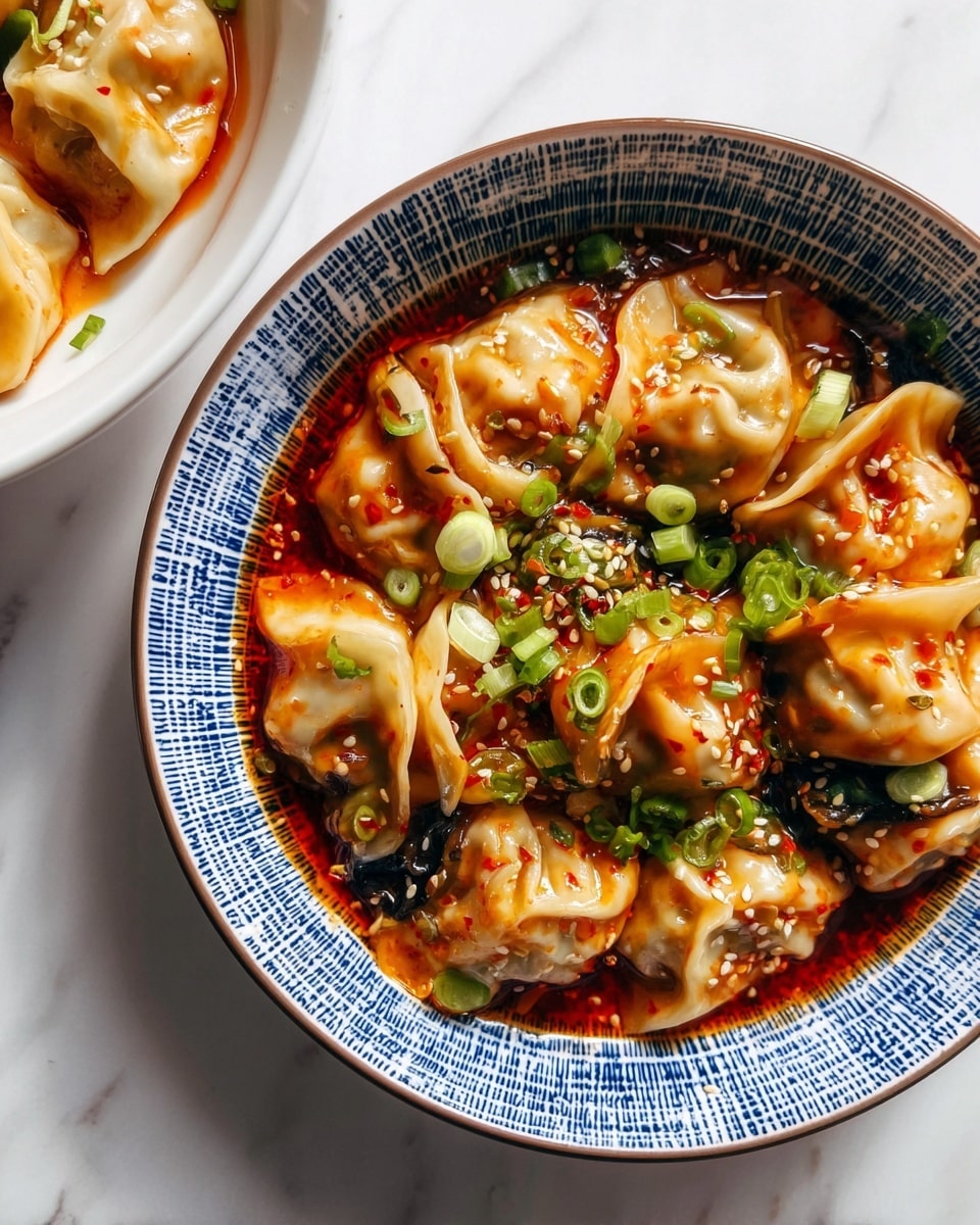 The image shows a white pan filled with small dumplings and dark brown cooked mushroom slices in a light reddish-brown sauce. A woman's hand holds a small spoon with red chili flakes above the dumplings, about to add it to the sauce. A dark wooden spoon rests inside the pan on the right side. The dumplings have a soft, slightly wrinkled texture with pale beige color, and the sauce has slight oil reflections in it. The background is a white marbled surface. photo taken with an iphone --ar 4:5 --v 7