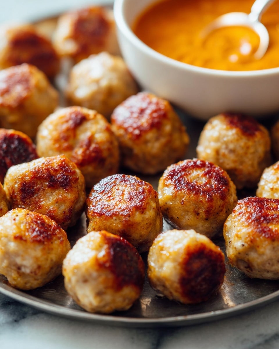The image shows many small, round meatballs with a golden brown crust on the outside, placed closely together on a silver tray. The meatballs have a slightly uneven, textured surface with light browning on top, showing a crispy exterior. In the background, there is a white bowl filled with a smooth, orange-colored dipping sauce with a spoon inside, slightly blurred to keep focus on the meatballs. The surface beneath the tray is a white marbled texture, adding a clean and bright look to the image. photo taken with an iphone --ar 4:5 --v 7