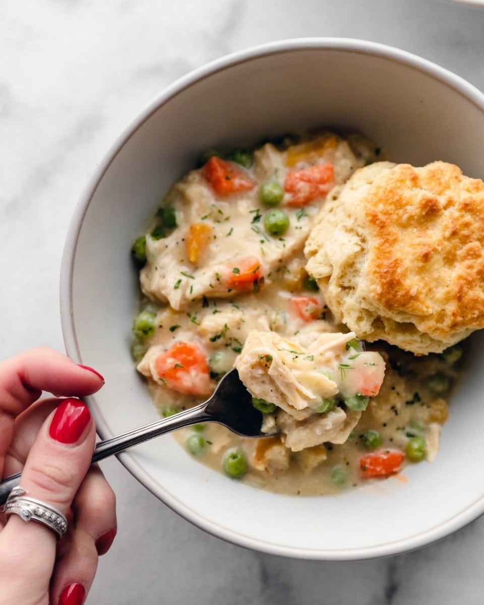 A white bowl filled with a creamy chicken and vegetable stew, showing visible chunks of orange carrots, green peas, and white pieces of chicken in a thick pale sauce. On top, there is a golden brown biscuit that looks soft and fluffy with a slightly crumbly texture. A silver fork is partially inside the stew, lifting a piece of biscuit, and a woman's hand with red nail polish and a ring is holding the bowl. The background is a white marbled surface. photo taken with an iphone --ar 4:5 --v 7