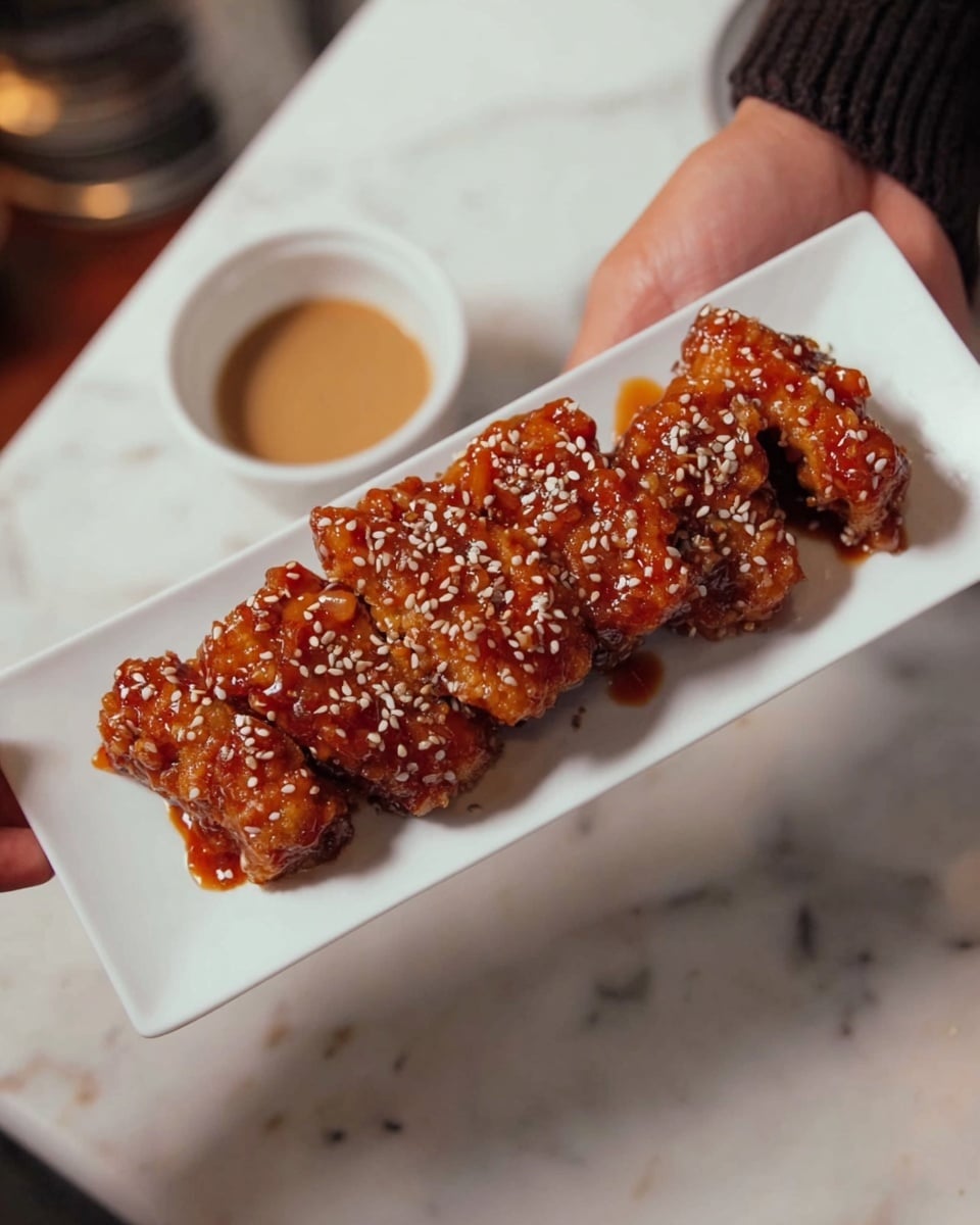 A woman's hand is holding a long white rectangular plate with six pieces of fried pieces covered in shiny reddish-brown sauce, each sprinkled lightly with white sesame seeds. The fried pieces look crispy with a textured surface and are laid close together in two rows on the plate. The background shows a white marbled surface with a small white bowl filled with a light-colored dipping sauce. The photo taken with an iphone --ar 4:5 --v 7