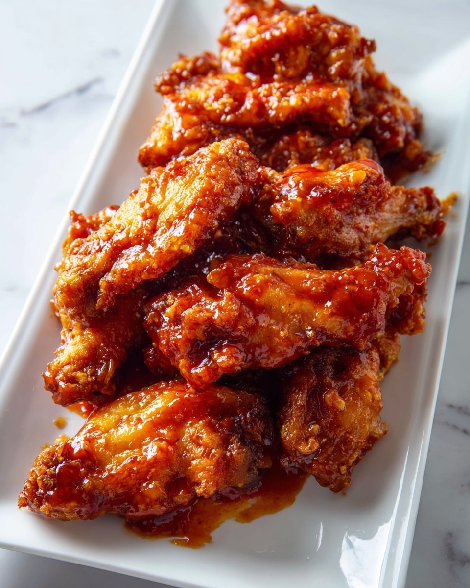 A clear rectangular plate holds a pile of shiny, red-orange saucy chicken wings stacked in about two layers, each wing covered evenly in a thick, glossy sauce that gives them a wet, sticky texture. The wings are irregular in shape with crispy edges visible beneath the sauce. The plate is set on a white marbled textured surface. Photo taken with an iphone --ar 4:5 --v 7