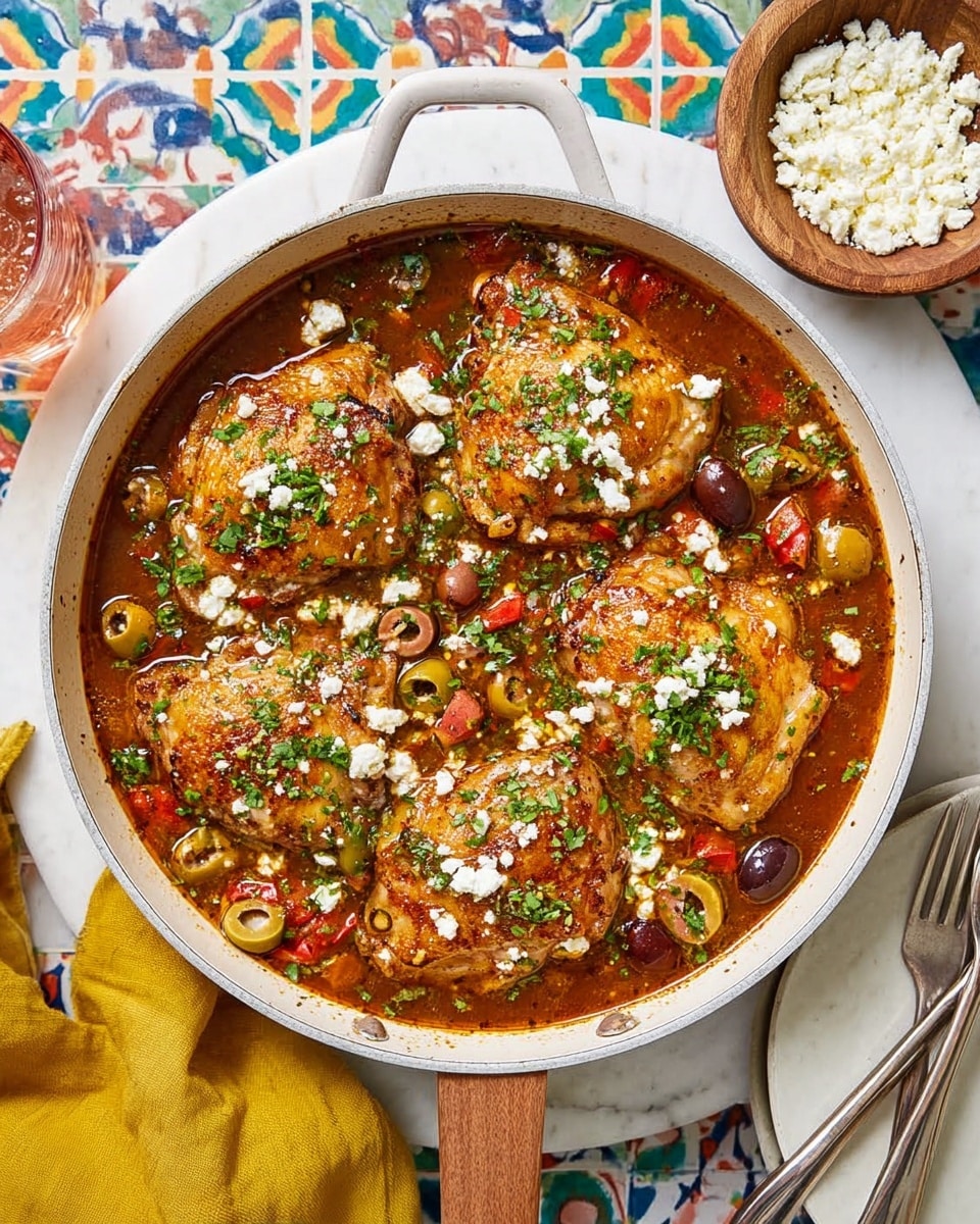 The image shows a white pan with four cooked golden brown chicken pieces arranged evenly in a single layer. The chicken is surrounded by a rich dark brown sauce with visible slices of green and black olives, small diced red peppers, and topped with white crumbled cheese and chopped green herbs. The pan rests on a white marbled surface with a colorful tile background, and to the side, there is a small wooden bowl filled with more white crumbled cheese. A yellow cloth and a white plate with a fork and knife are partially visible at the edges. Photo taken with an iphone --ar 4:5 --v 7