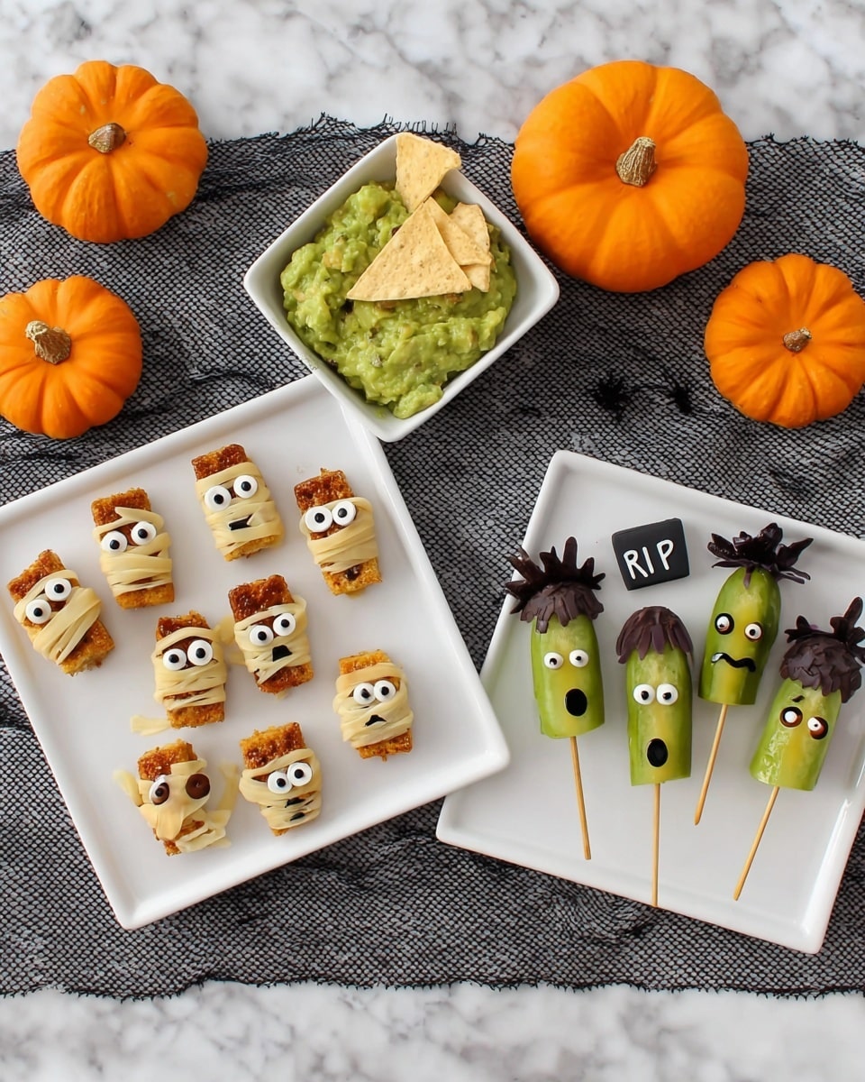 A woman's hand holds a green pickle on a wooden stick, decorated to look like a small Frankenstein monster with two white candy eyes, black licorice pieces forming a stitched mouth, and a rough black candy patch on top for hair, with two small pretzel sticks stuck in the sides as ears. On a white rectangular plate below, there are two more similar pickles lying flat, showing the same green color, candy eyes, black licorice mouths, candy hair, and pretzel ears. The plate rests on a black mesh cloth, and in the background, there are three small bright orange pumpkins against a dark background. Photo taken with an iphone --ar 4:5 --v 7