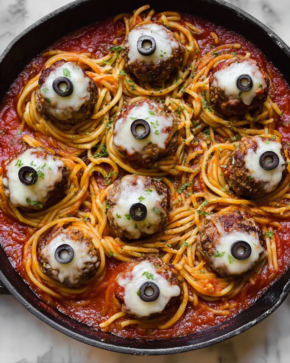 The dish is arranged in a round black pan filled with a bright red tomato sauce as the base layer. On top, there are several round meatballs, each topped with a melted white cheese circle and a black olive slice placed in the center like an eye. Between the meatballs, there are small bundles of spaghetti noodles twisted into tight nests, showing their golden-yellow color. The sauce and meatballs are sprinkled lightly with green herbs. The entire dish sits on a white marbled surface. Photo taken with an iphone --ar 4:5 --v 7