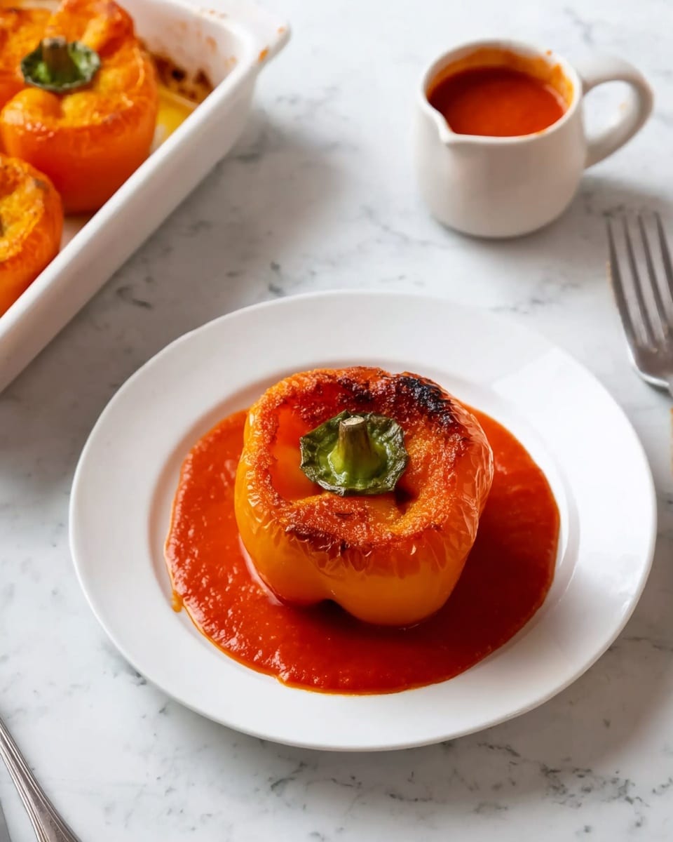 The image shows two orange bell peppers standing upright on white plates, each carved with a simple jack-o'-lantern face featuring triangle eyes, a triangle nose, and a zigzag mouth. Each pepper has its green stem on top and sits in a pool of smooth red sauce that spreads flat on the plate. The orange peppers have a slightly shiny, cooked texture, with some wrinkles and slight browning at the edges. Both plates are placed on a white marbled surface with a blurred grey background. In the back, a woman’s hand holds a fork, positioned near the second pepper. Photo taken with an iphone --ar 4:5 --v 7