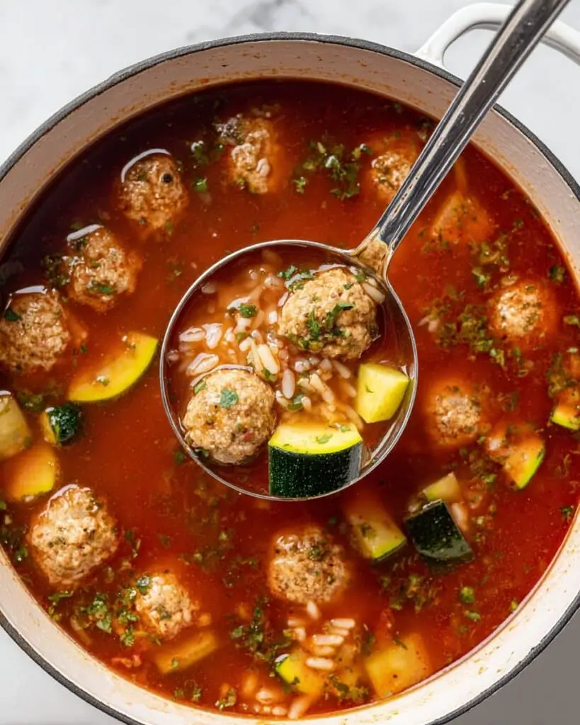 Meatball Soup with Roasted Red Peppers, Tomatoes, and Fresh Herbs Recipe