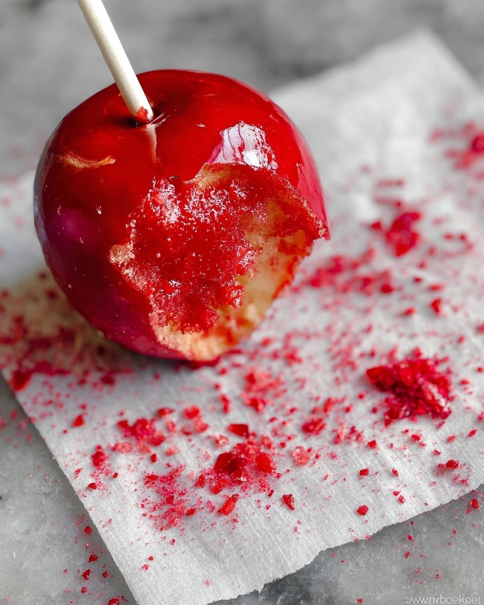 A close-up view of a red candy apple with a bitten section showing the shiny, hard red candy coating cracked and missing in the middle, revealing a slightly yellowish apple underneath. It sits on a white paper napkin that has scattered red candy shards and powder around the apple, all placed on a white marbled surface. A white stick is inserted into the apple, extending out of frame. The scene shows the contrast between the vibrant red candy coating and the soft apple flesh beneath, with a rough texture around the bitten area. Photo taken with an iphone --ar 4:5 --v 7