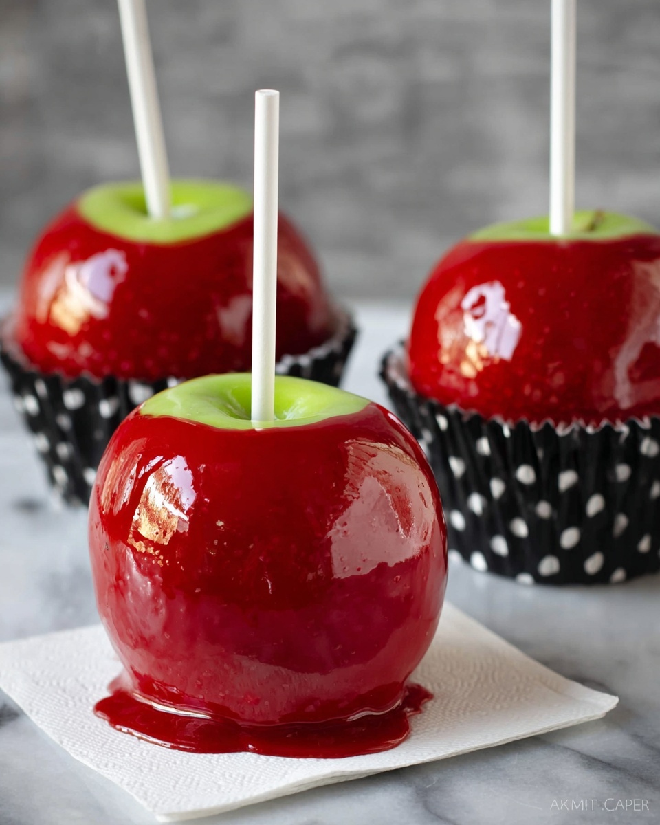 Three shiny red candy apples with smooth and glossy red candy coating cover bright green apples. Each apple has a white stick inserted in the top center. Two apples sit in black paper cups with white polka dots and one apple rests directly on a white napkin. The surface beneath is a white marbled texture. The candy coating is thick and even, showing slight drips at the bottom edges. photo taken with an iphone --ar 4:5 --v 7