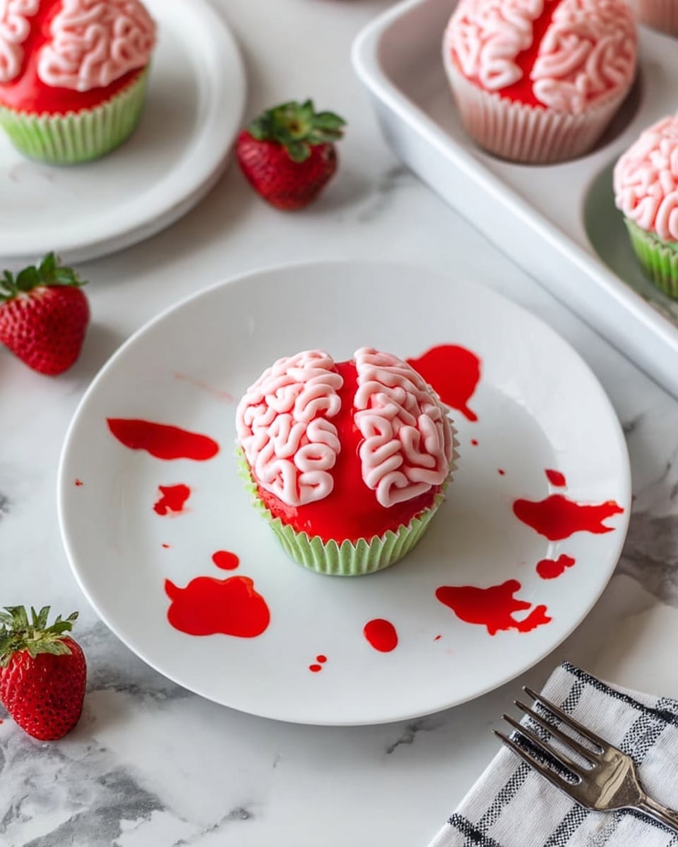 A white plate holds a cupcake designed to look like a brain. The cupcake has a base covered with a light green wrapper, topped with smooth red icing shaped in a round dome. Over the red icing, light pink icing is piped in squiggly lines to mimic brain folds, forming two halves with a central groove. There are bright red drops and splashes around the cupcake on the plate, resembling blood. The plate sits on a white marbled surface with a few fresh strawberries and a white and grey checkered cloth nearby. A white tray with more brain cupcakes, each decorated the same, is partially visible on the right. Photo taken with an iphone --ar 4:5 --v 7