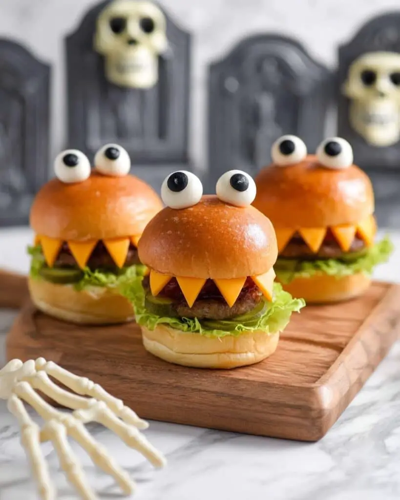 Monster Burgers with Cheese and Olive Eyes Recipe