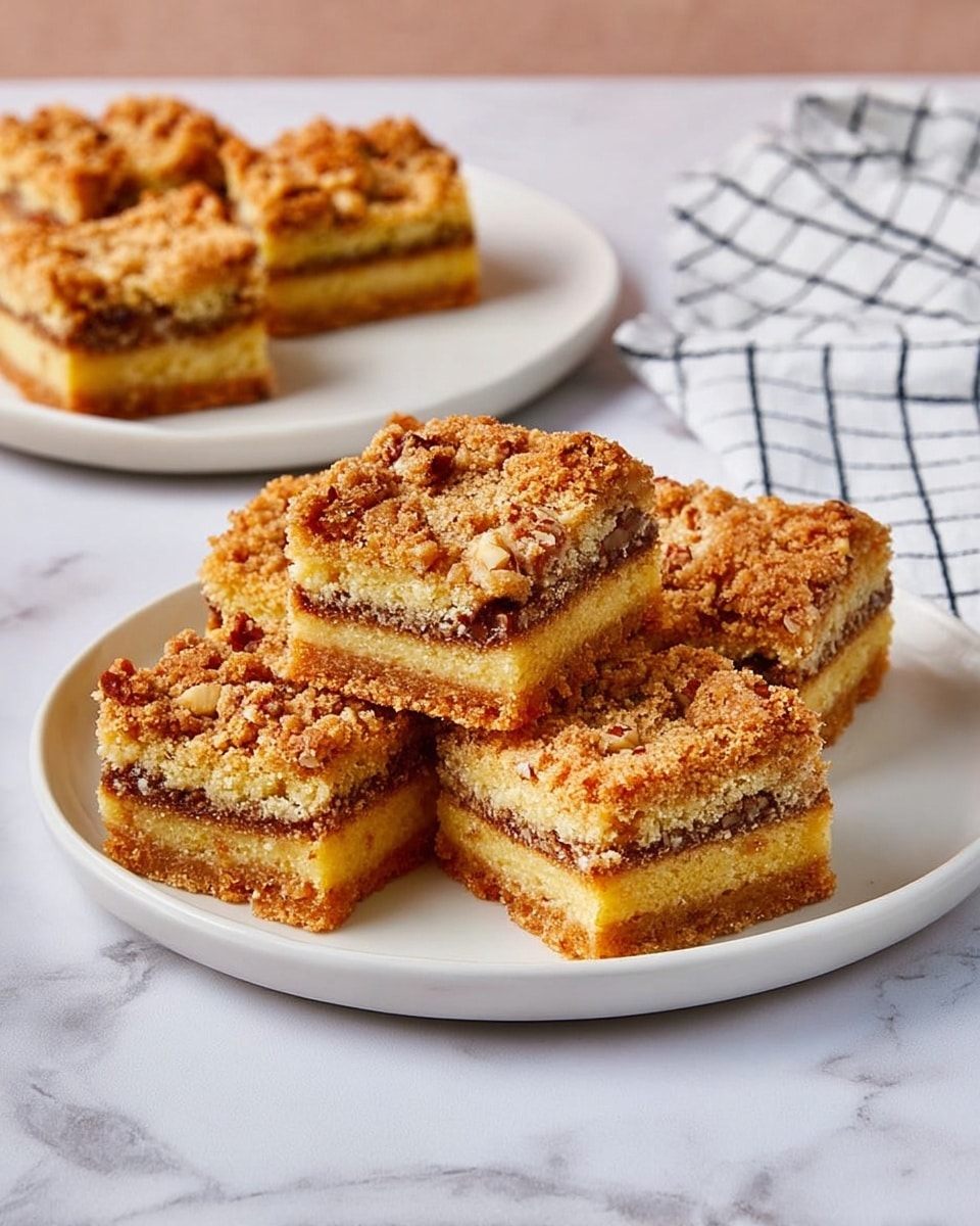The image shows five square-shaped dessert bars arranged on a white plate with a white marbled surface underneath. Each bar has three visible layers: a golden-brown crumbly top with small pieces of nuts, a light yellow middle cake layer, and a darker, dense filling layer in between. In the background, there is a single bar on another white plate. A white cloth with a black grid pattern is partially visible on the side. The overall look is textured and slightly crumbly, with warm brown and yellow colors. photo taken with an iphone --ar 4:5 --v 7