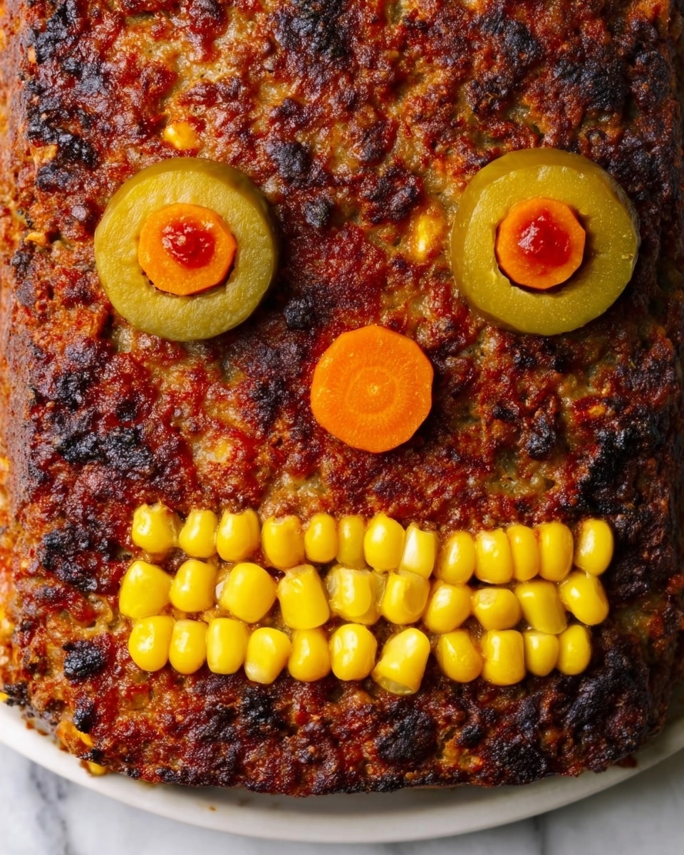 A triangular-shaped meatloaf is covered in a shiny, dark red tomato sauce, placed on a piece of crumpled foil on top of a white marbled surface. Two round slices of carrot topped with green olive slices form eyes on the upper part of the meatloaf, while a small row of yellow corn kernels arranged in a curved line near the bottom right looks like a mouth. The edges of the foil have brown, crispy spots, showing where the meatloaf has cooked and caramelized. Nearby, there are stacked white plates and a glass of milk, all on the white marbled surface. photo taken with an iphone --ar 4:5 --v 7