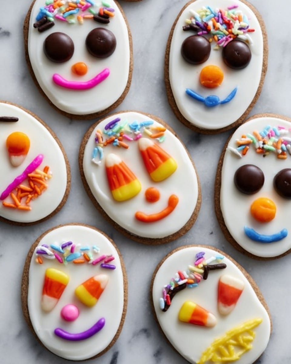The image shows a group of eight oval-shaped cookies on a white marbled surface. Each cookie is covered with a smooth layer of white icing that forms the face base. On top of the icing, there are colorful candy and icing decorations creating different face designs. The first cookie near the top left has two large round dark brown candies for eyes, a pink line of icing for a mouth, and blue and purple lines as eyebrows and lashes. The cookie in the center has two round orange and yellow candies for eyes, a piece of candy corn for a mouth, and thin chocolate lines as eyebrows and mouth outline. The cookie near the bottom right has two dark brown candies for eyes, a yellow candy piece for a nose, candy corn for lips, and pink and blue icing lines around the eyes. The cookies are placed closely but not touching, with different colorful details that add personality to each face. photo taken with an iphone --ar 4:5 --v 7