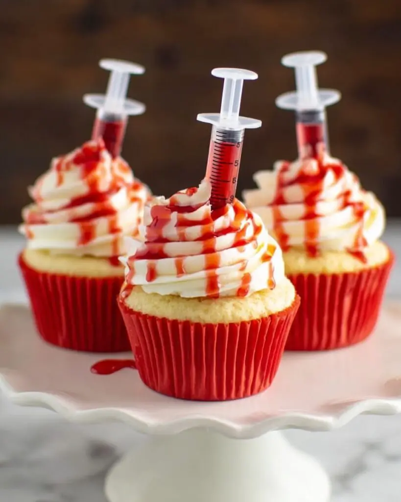 Bloody Cupcakes with Strawberry Coulis and Vanilla Buttercream Recipe