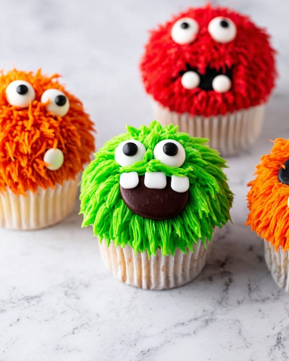 The image shows four colorful cupcakes on a white marbled surface. Each cupcake has a thick layer of colorful frosting shaped like fur or spikes, with two candy eyes placed on top. One cupcake has bright green frosting with a wide smile made of small white candies and an oval dark chocolate center. Another cupcake has bright orange frosting with four candy eyes but no mouth. The other two cupcakes have red frosting with furry texture; one has a mouth with white candy teeth and dark chocolate inside, while the other shows only part of the furry frosting. All cupcakes are in white paper liners. Photo taken with an iphone --ar 4:5 --v 7