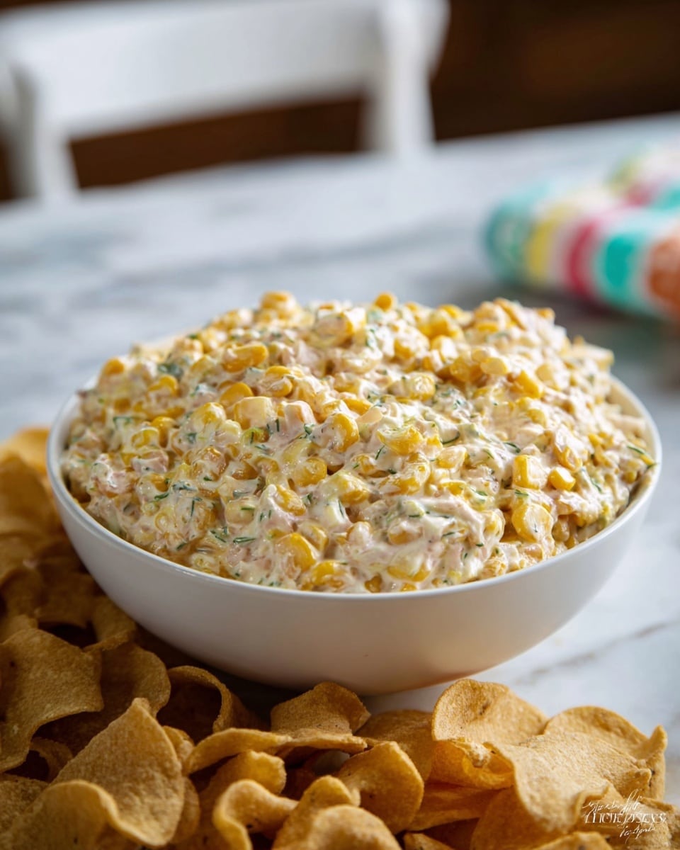 A white bowl filled with a creamy mixture that has yellow corn kernels and bits of green herbs mixed throughout. The mixture looks soft and thick, creating a lumpy texture with a blend of white, yellow, and green colors. The bowl is surrounded by a layer of curved, light brown chips that have a slightly rough texture. The background is a white marbled surface with a blurred white chair and a hint of a colorful cloth. The photo taken with an iphone --ar 4:5 --v 7