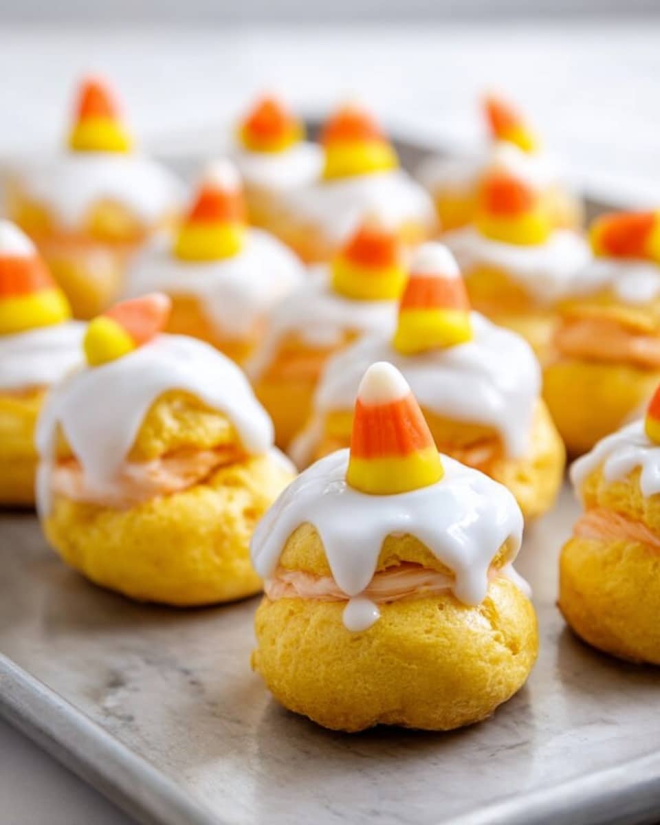 Small round cream puffs are arranged in rows on a metal tray placed on a white marbled surface. Each puff has two layers: a yellow choux pastry bottom filled with a smooth light orange cream, and a top layer of the same yellow pastry slightly tilted. The tops are covered with a thick white icing that drips slightly down the sides. Each puff is topped with a small piece of candy corn, which is white, orange, and yellow in color. The image shows many puffs in focus in the front and some blurred in the back. Photo taken with an iphone --ar 4:5 --v 7