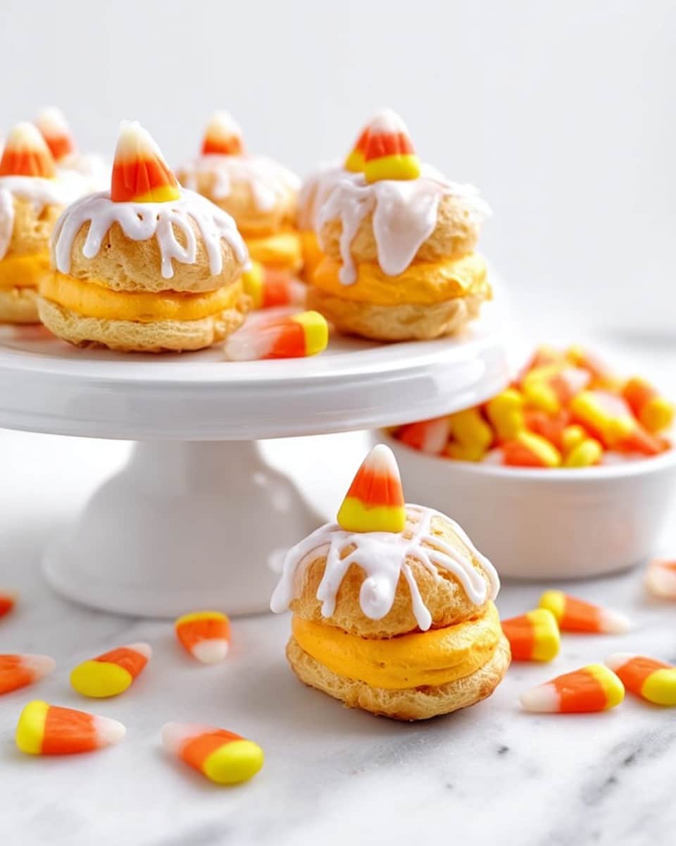 The image shows a white cake stand with several small cream puffs arranged on top. Each cream puff has two layers: the base is a golden brown puff pastry filled with smooth, orange cream, and the top layer is a matching pastry cap drizzled with white icing. On top of the icing of each puff, there is a small candy shaped and colored like candy corn with yellow, orange, and white stripes. Around the base of the cake stand and on the white surface, candy corns are scattered, and there is a white bowl filled with more candy corns to the right side. The background is clean and bright with a white marbled texture. photo taken with an iphone --ar 4:5 --v 7