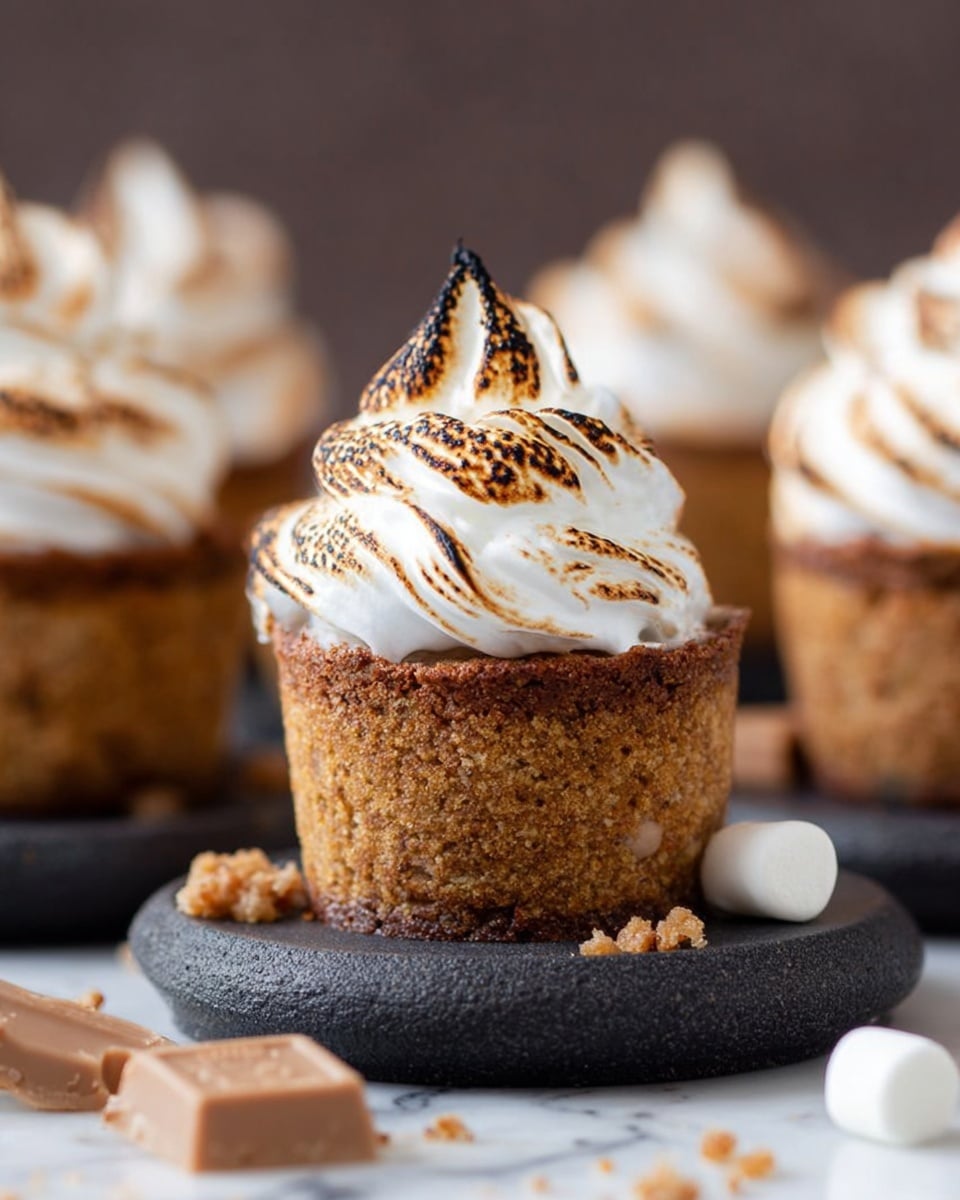 The image shows small round dessert cups with a rich, golden-brown textured base that looks soft and spongy. Each dessert is topped with a thick, swirled layer of toasted white meringue with light and dark brown spots, giving it a slightly crisp look on the outside. The cups are placed on a dark round stand, with pieces of light brown chocolate and small white meringue drops scattered around. The background is blurred, highlighting the main dessert cup in the center, all set on a white marbled surface. photo taken with an iphone --ar 4:5 --v 7
